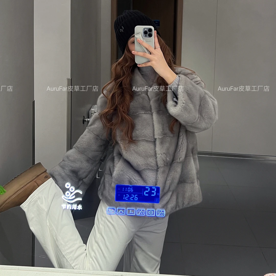 [AuraFur]进口正常毛蓝宝石短款横排皮草外套水貂皮大衣