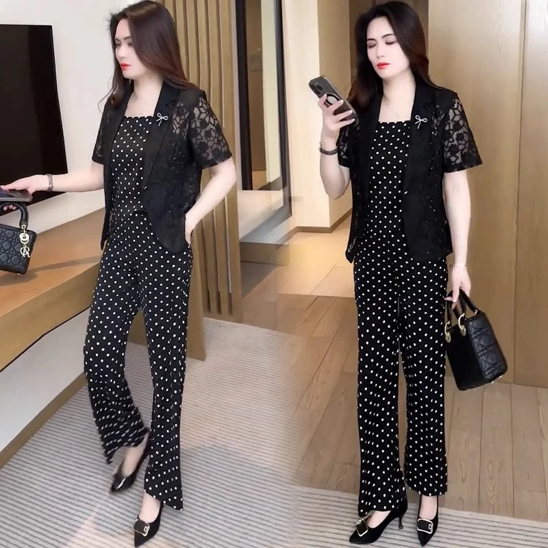 薄款爆款时尚套装女洋气显瘦镂空蕾丝短外套吊带阔腿裤套装夏季