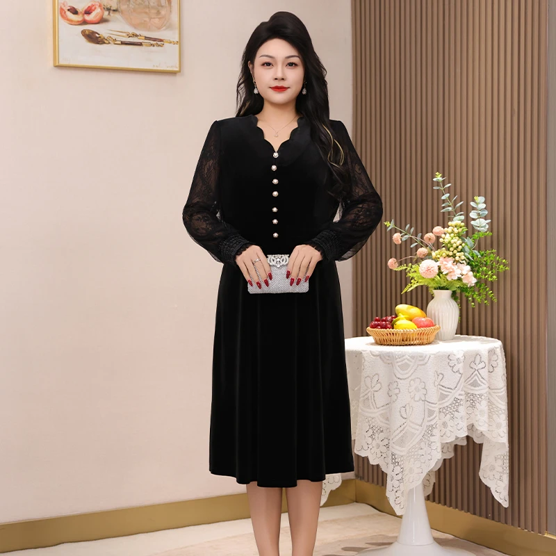 大码女装秋季洋气金丝绒蕾丝阔太太宴会连衣裙女士高档气质裙子