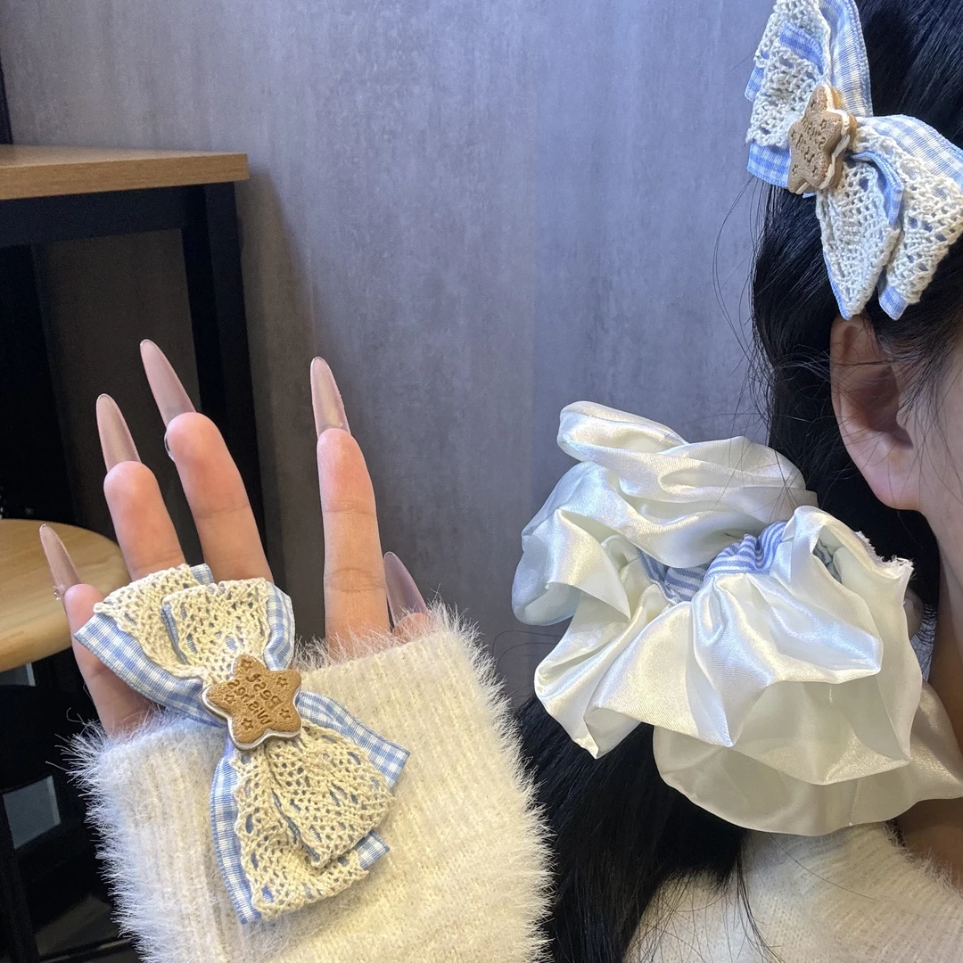 爆款芭蕾风奶油缎面蓝色条纹大肠发圈女百搭发绳扎头发橡皮筋超大