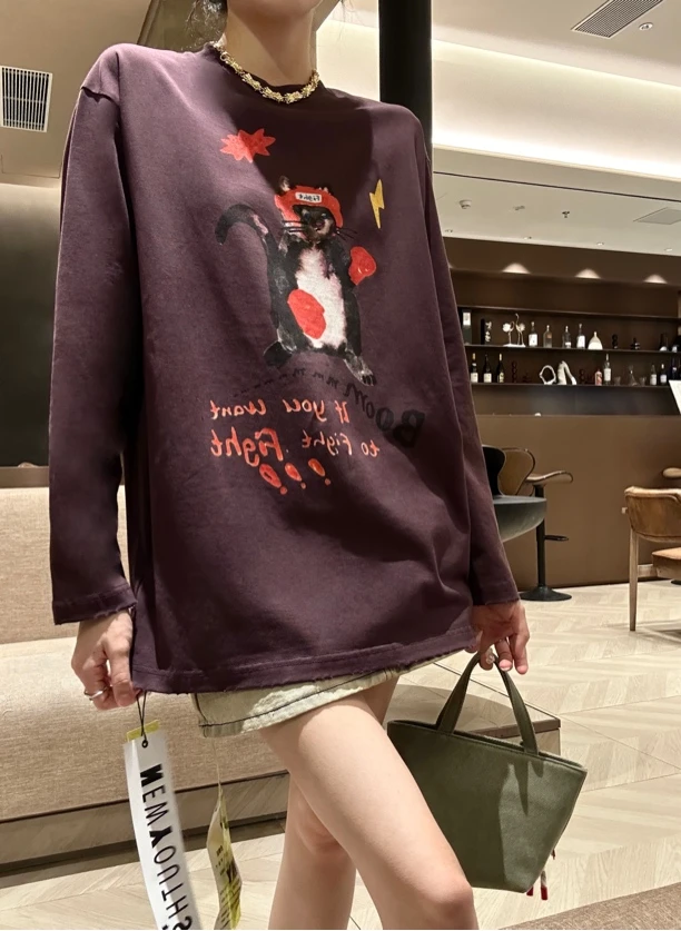 欧洲站欧货新青年2024秋冬新品手绘做旧复古长款大版慵懒T恤百搭