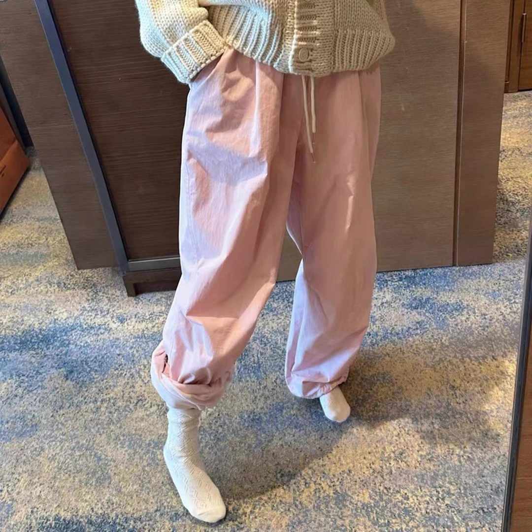 루루가− （泡芙）韩国东大门冬季新款机场黑/粉两色膝盖捏褶加绒棉裤女