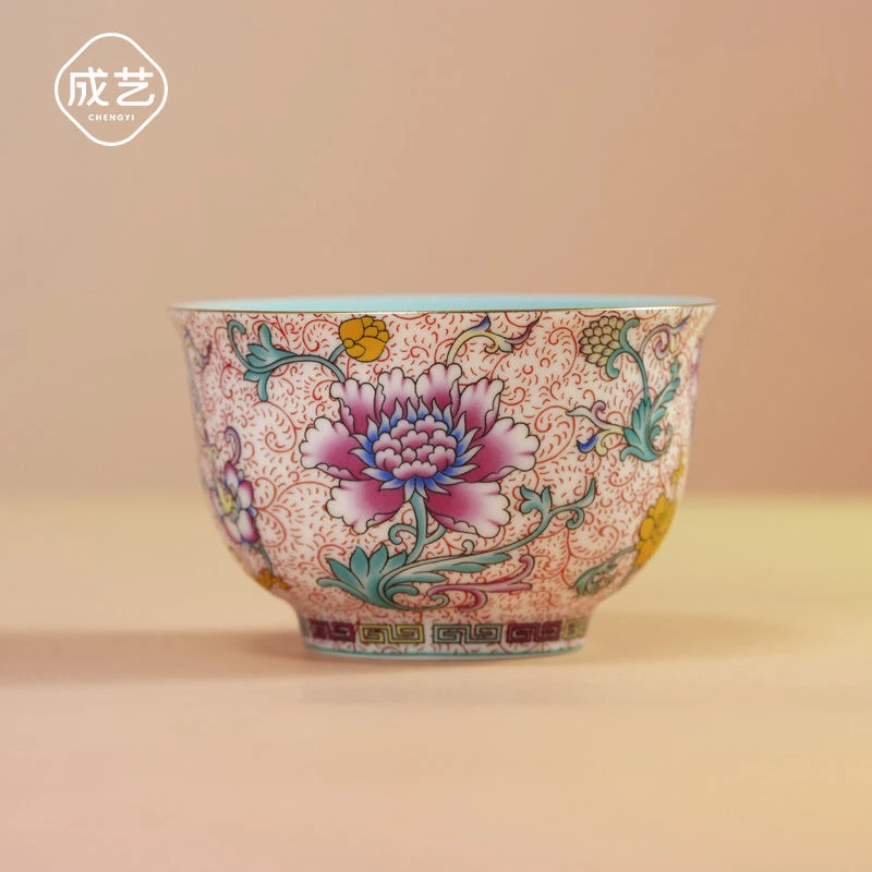 珐琅莲韵手心杯粉珐琅彩松石绿地大茶碗高温陶瓷单杯主人杯茶具