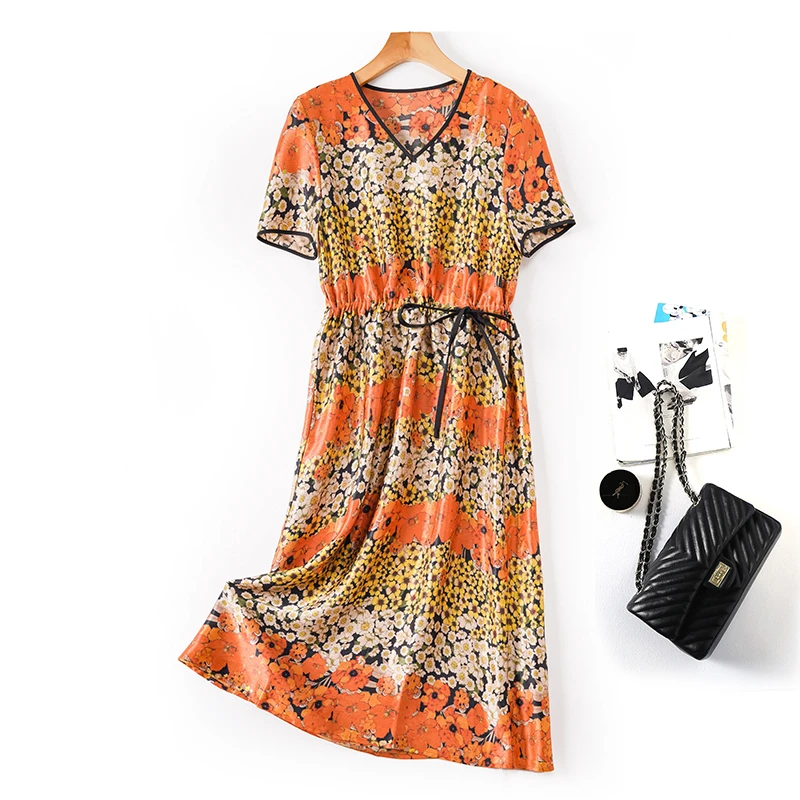 {都不上}100%桑蚕丝套头收腰抽绳连衣裙印花真丝高端女装连衣裙