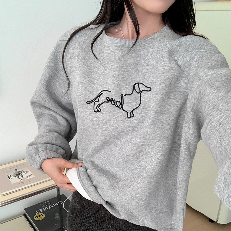 灰色小狗刺绣女2024秋冬新款抽绳短款宽松慵懒风