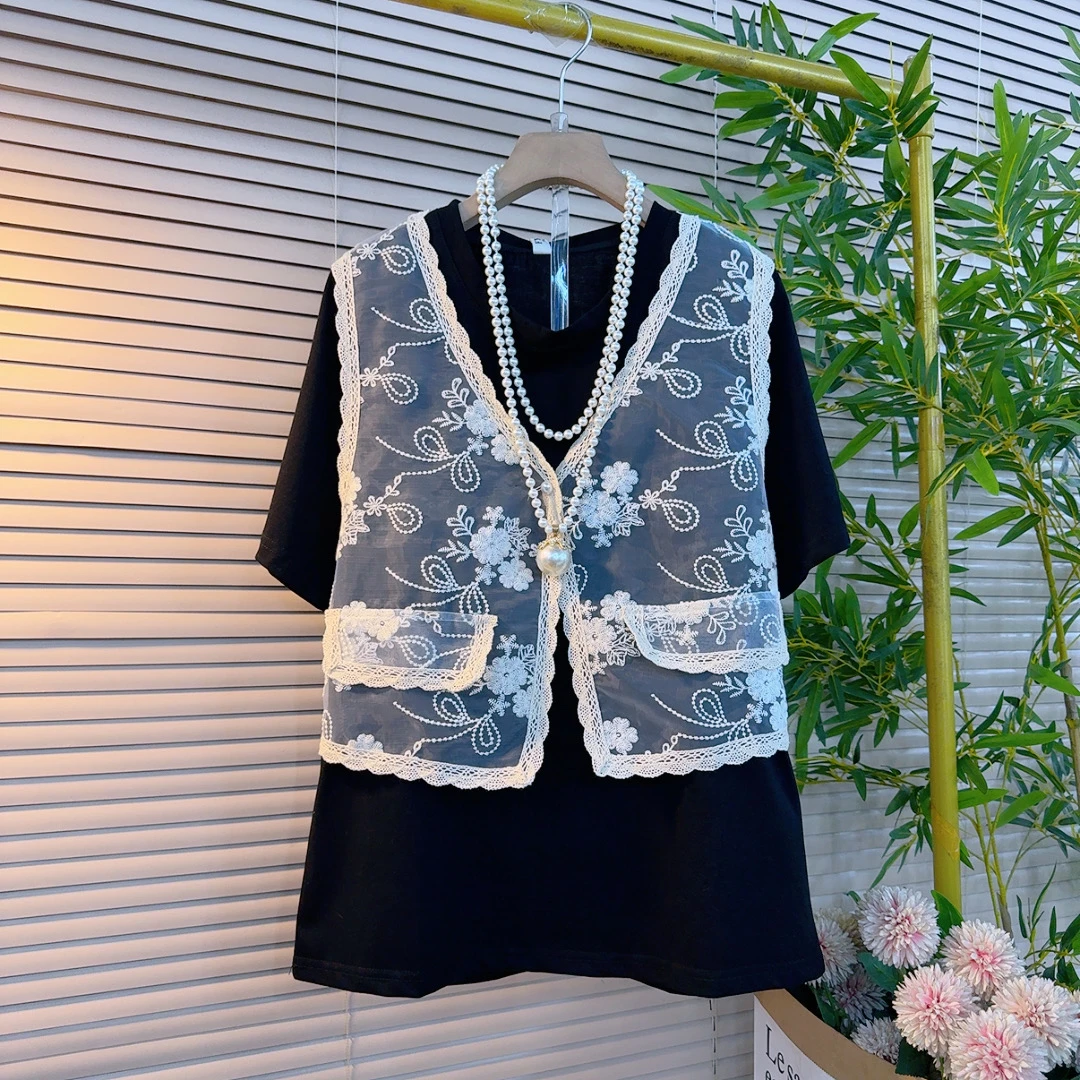1520胖mm夏季欧货时尚设计感拼接蕾丝假两件气质遮肉显瘦百搭衫