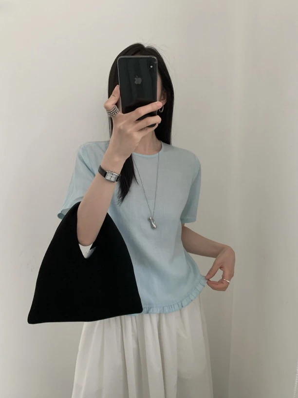 25夏装短款透气木耳边排汗短袖圆领小衫宽松百搭显瘦天丝麻上衣