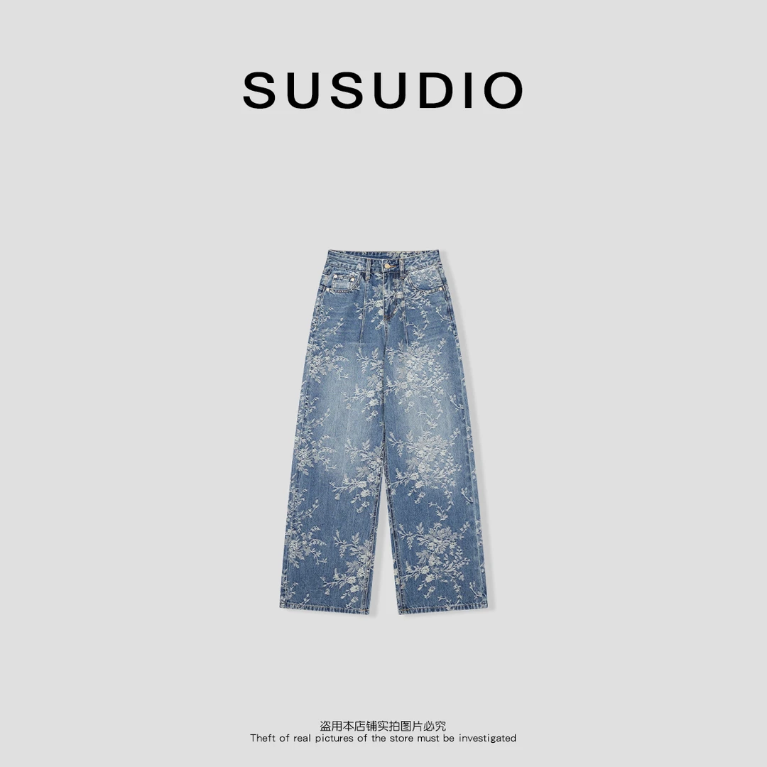 SUSUDIO② 100棉春夏新款重工刺绣提花水洗中腰牛仔裤40212