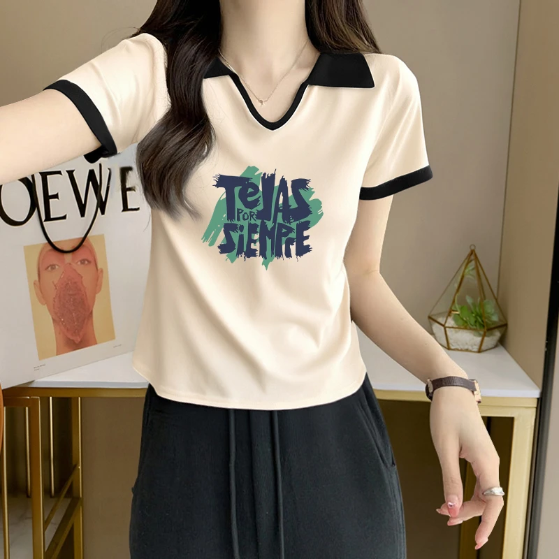 大码胖mm设计感撞色翻领短袖T恤女士夏季纯欲风辣妹印花套头上衣