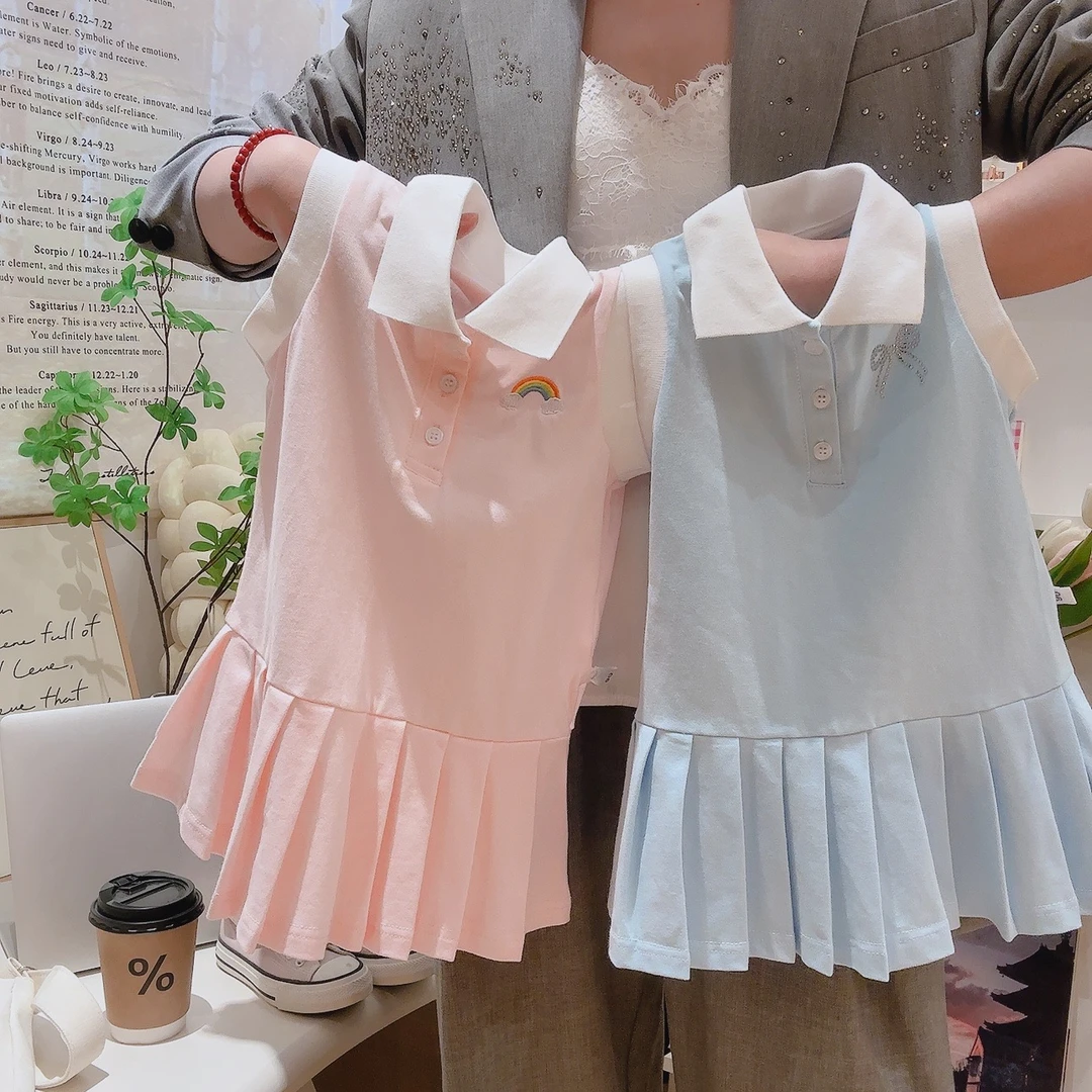 儿童夏季背心POLO领连衣裙新款女童洋气时尚学院风休闲公主百褶裙