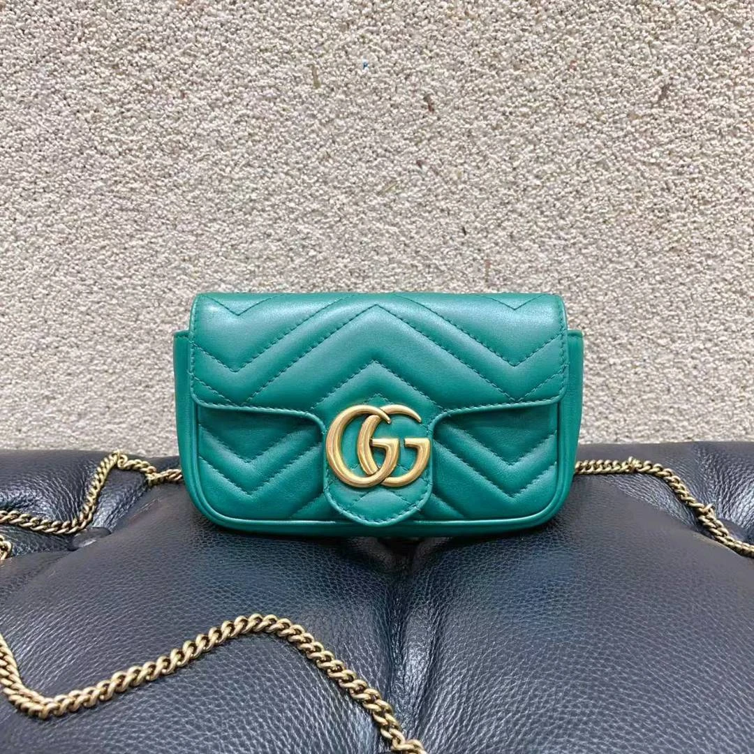 古驰/GUCCI 马蒙 Marmont 绿色 波浪纹 牛皮 mini 16.5 金色双G/