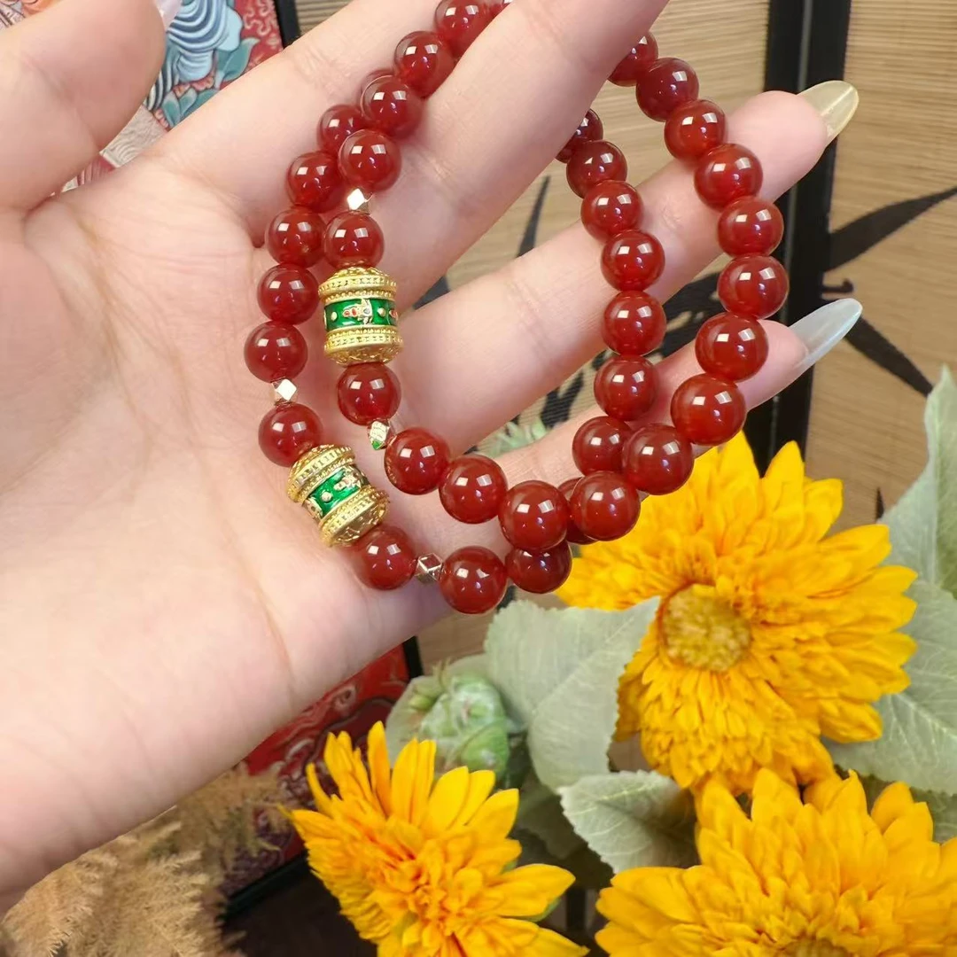 【归缘】天然红玛瑙红色手串搭配古法金六字真言时尚手串