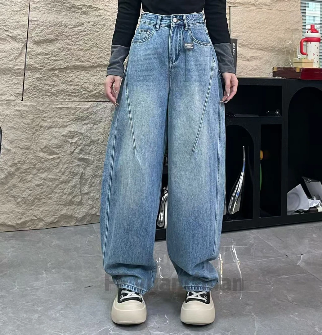 FF8506-[早春新款]-中高腰显瘦宽松慵懒牛仔老爹裤弯刀裤小众水洗
