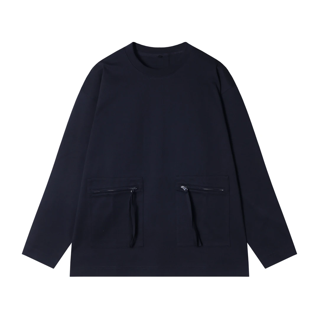 早春新款时尚个性韩版拉链口袋拼接纯色圆领长袖T恤痞帅百搭上衣