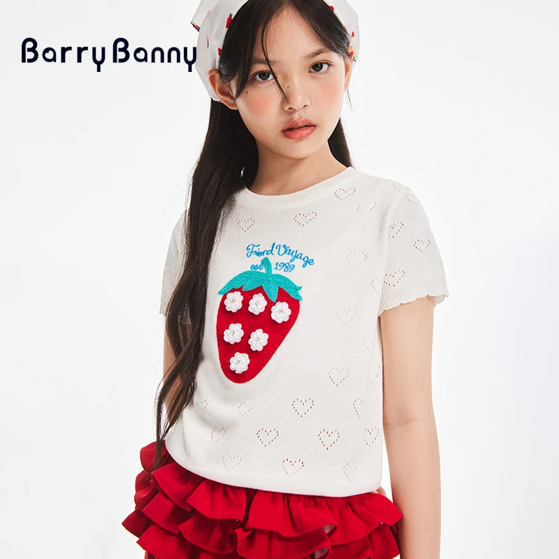 BarryBanny2025年夏季新款儿童T恤冰丝草莓短袖套装潮牌凉感上衣