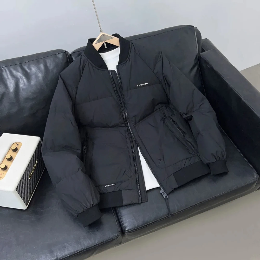 棒球领羽绒服男士外套冬季2025新款潮牌工装飞行员厚款白鸭绒夹克