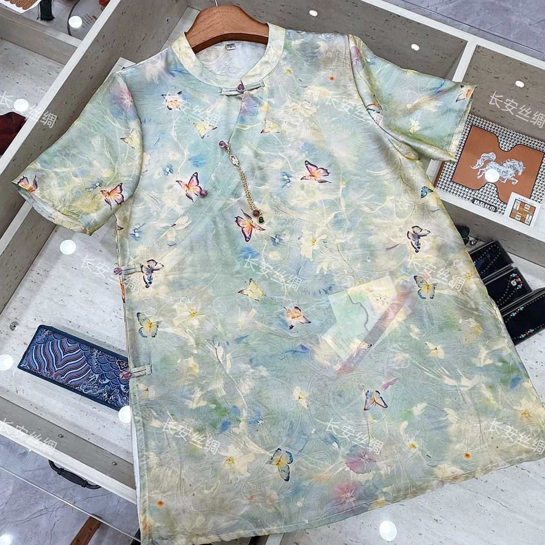 【长安】新中式提花透气百搭盘扣短袖上衣女FY5071109