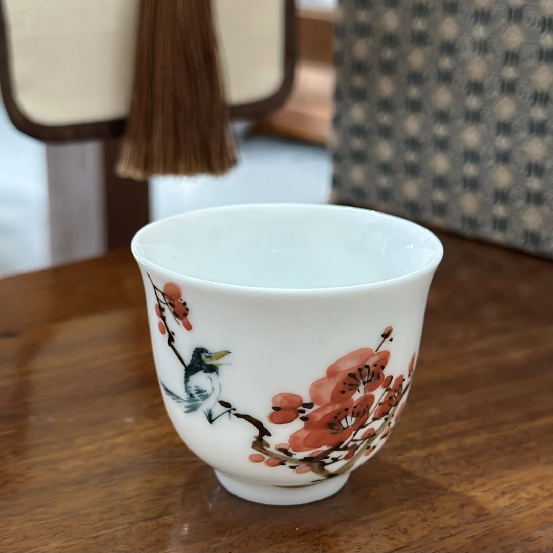 釉下五彩手绘喜上梅梢功夫茶杯主人杯福利价