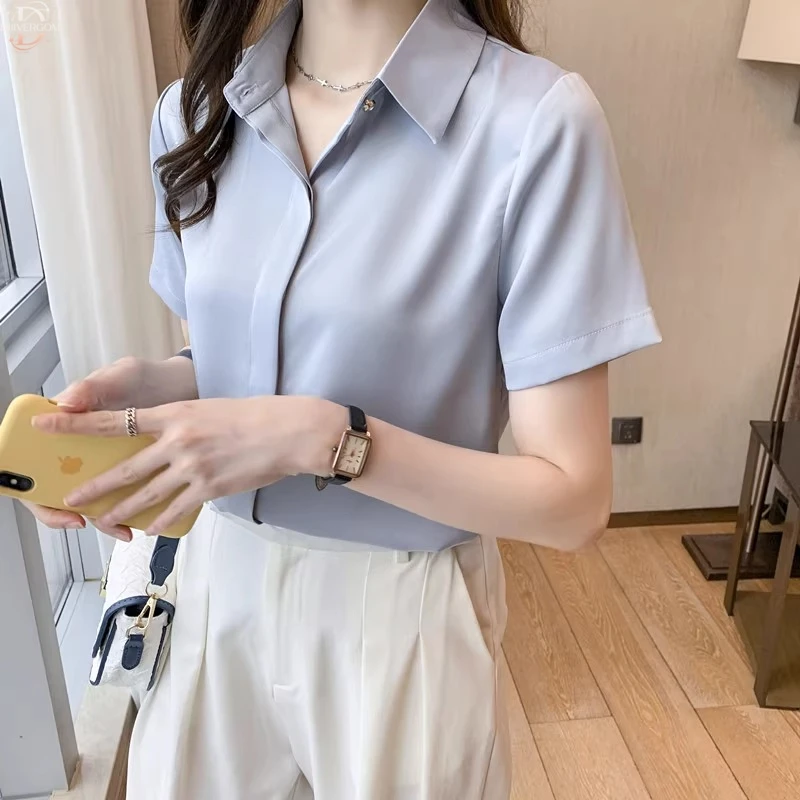 夏季法式轻奢高级感醋酸缎面短袖衬衫慵懒风女装通勤职业正装衬衣