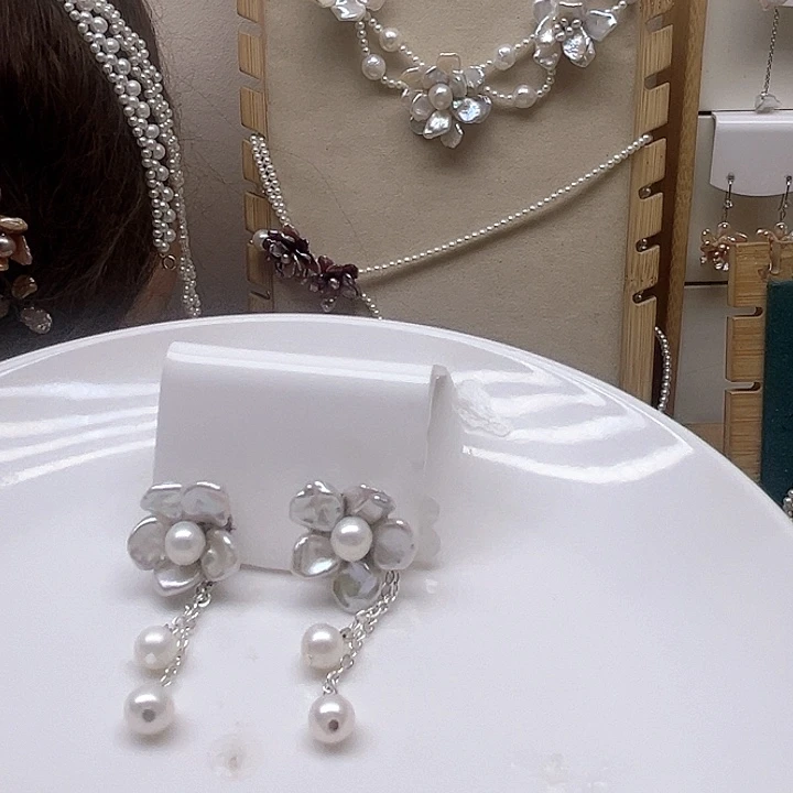 水晶纱保真珍珠花耳钉耳钉