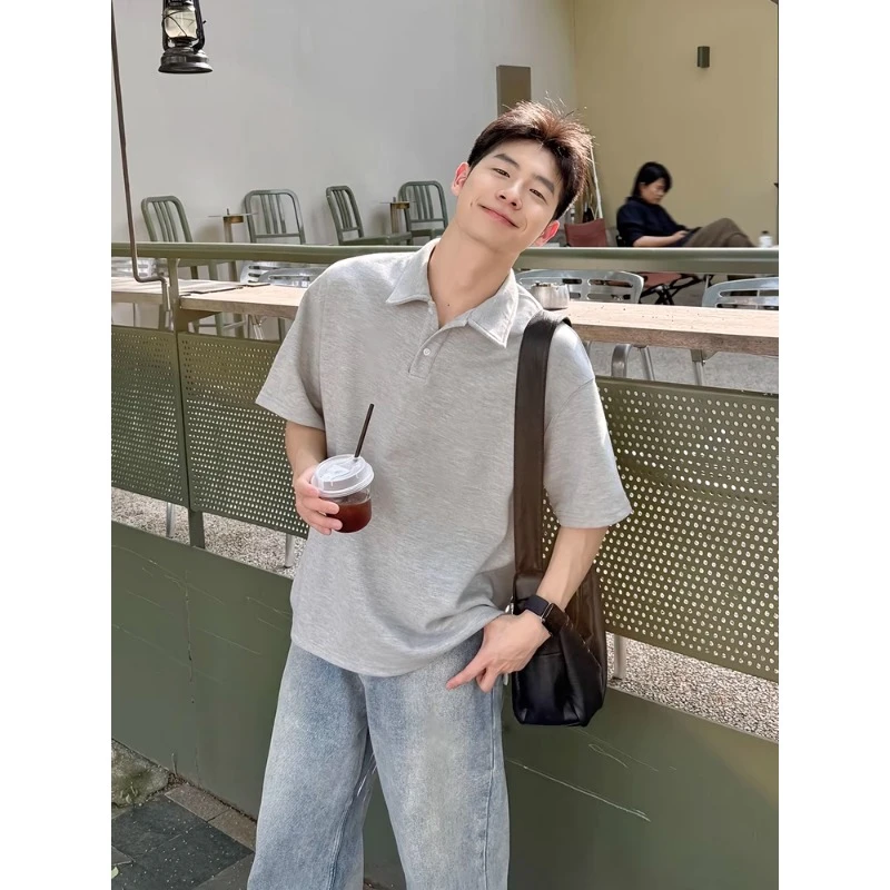 cleanfit穿搭浅灰色polo衫短袖男款夏季美式重磅boxy硬挺半袖t恤
