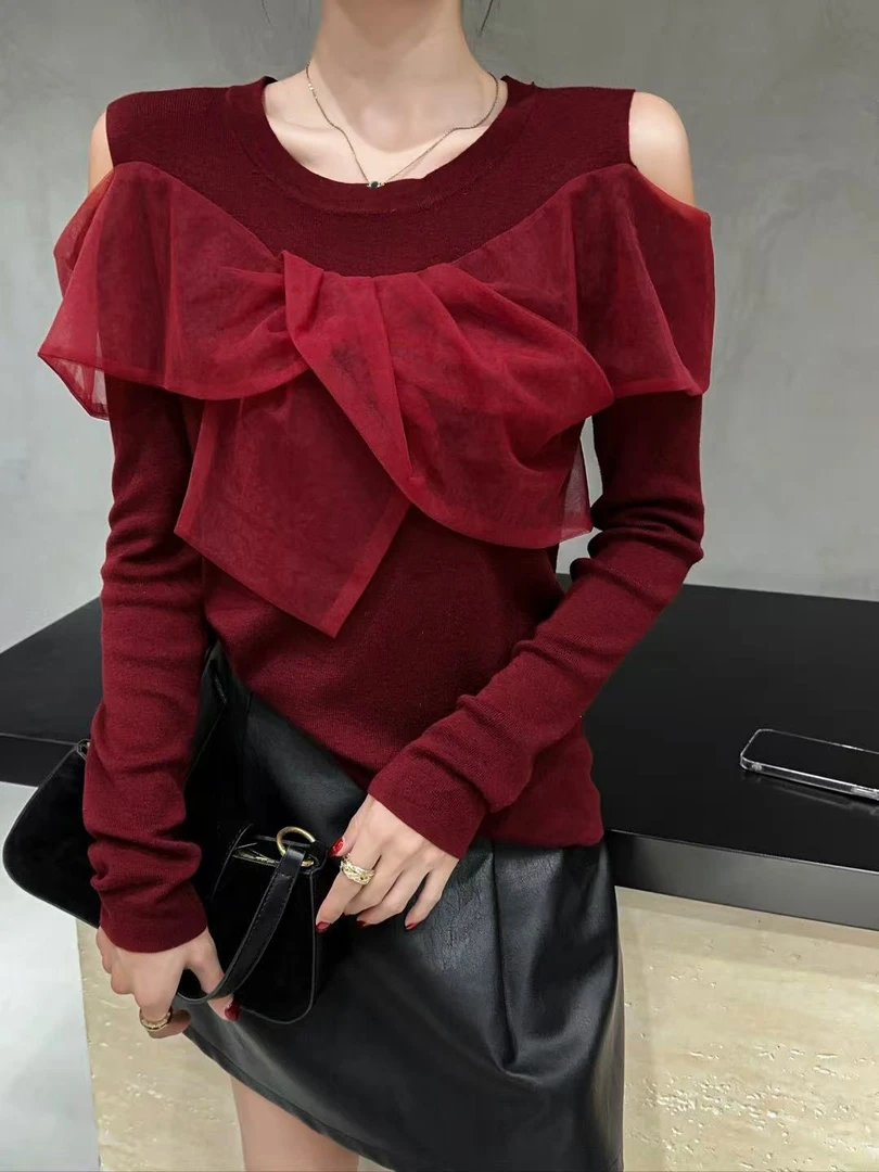 淑雅阁服饰  荷叶边女装百搭红色露肩洋气时尚上衣8092