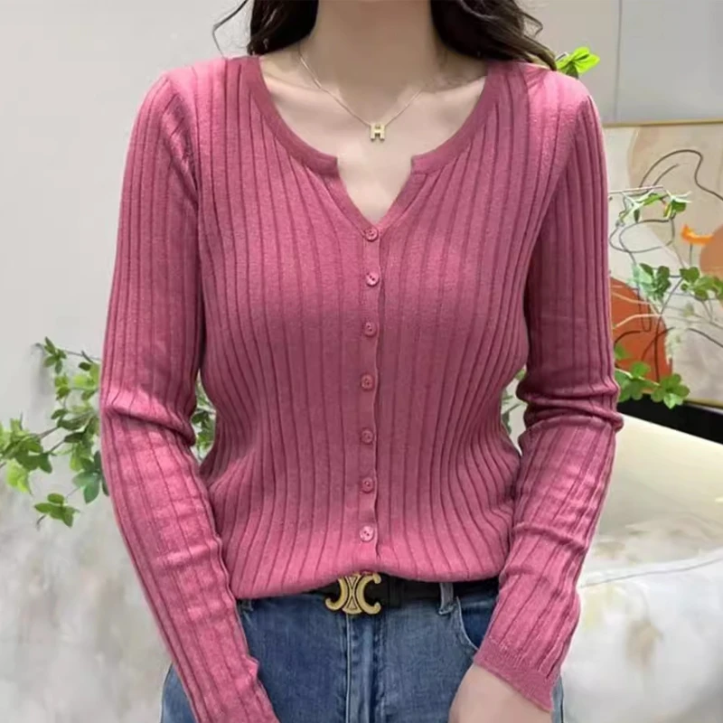 针织开衫女2025早春秋季新款修身内搭长袖V领坑条毛衣外套上衣潮