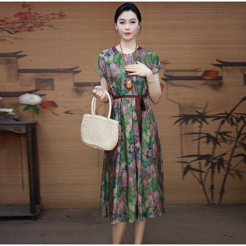 【蓝夫人~富贵花开】 女装碎花裙瘦连衣裙气质长裙短袖