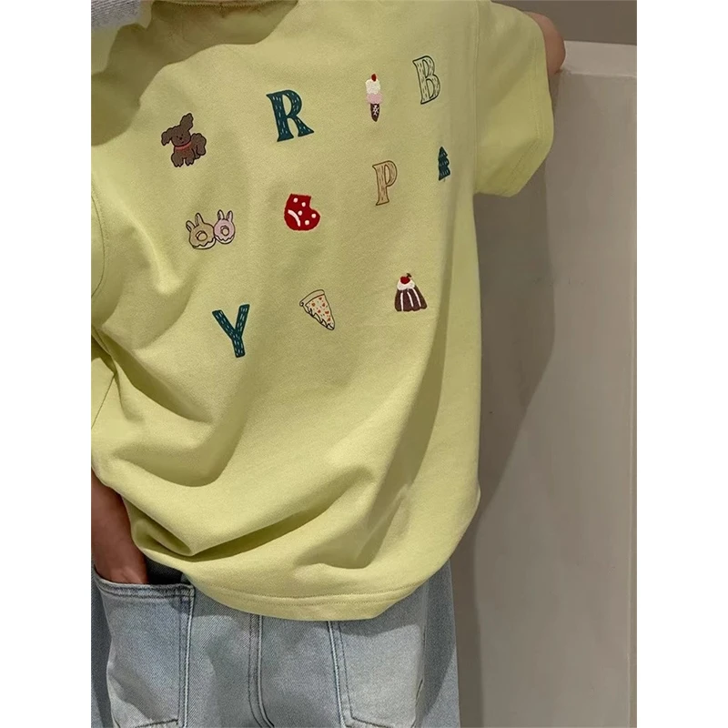 2025夏装新款女童韩版蛋糕刺绣短袖T恤大女孩韩版休闲上衣