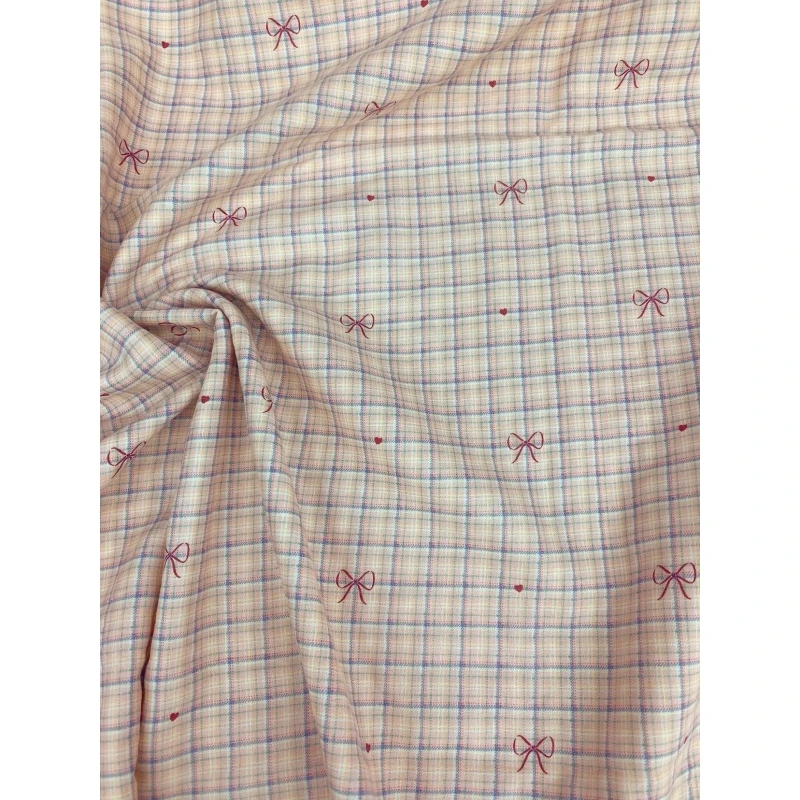 【全棉母婴A类双层纱】粉格蝴蝶结100%棉宽幅2.5米1米价连拍连裁