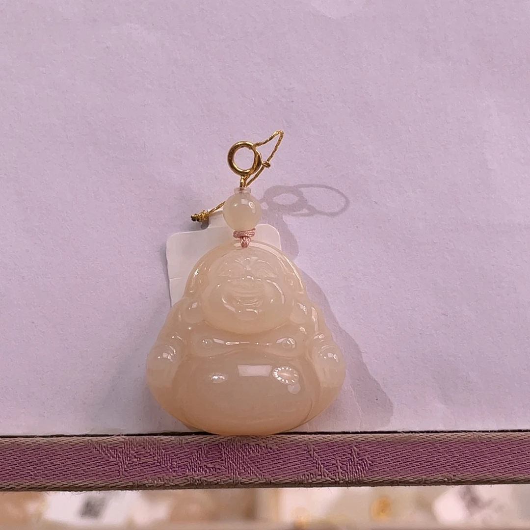 吊坠(不含链)18K金镶嵌和田玉藕粉桃粉佛公25