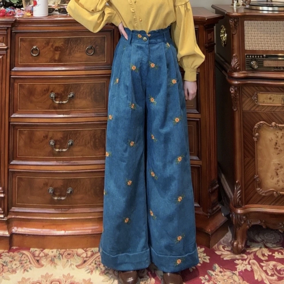 现货【一生罗曼】复古刺绣显瘦百搭后腰松紧阔腿长裤K480