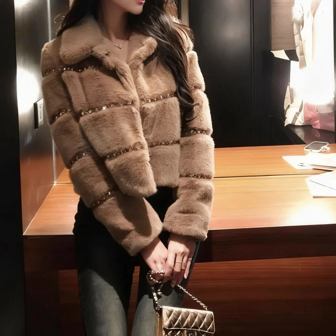 2025秋冬新品重工钉珠拼接环保仿水貂皮草短款毛毛外套女轻奢2166