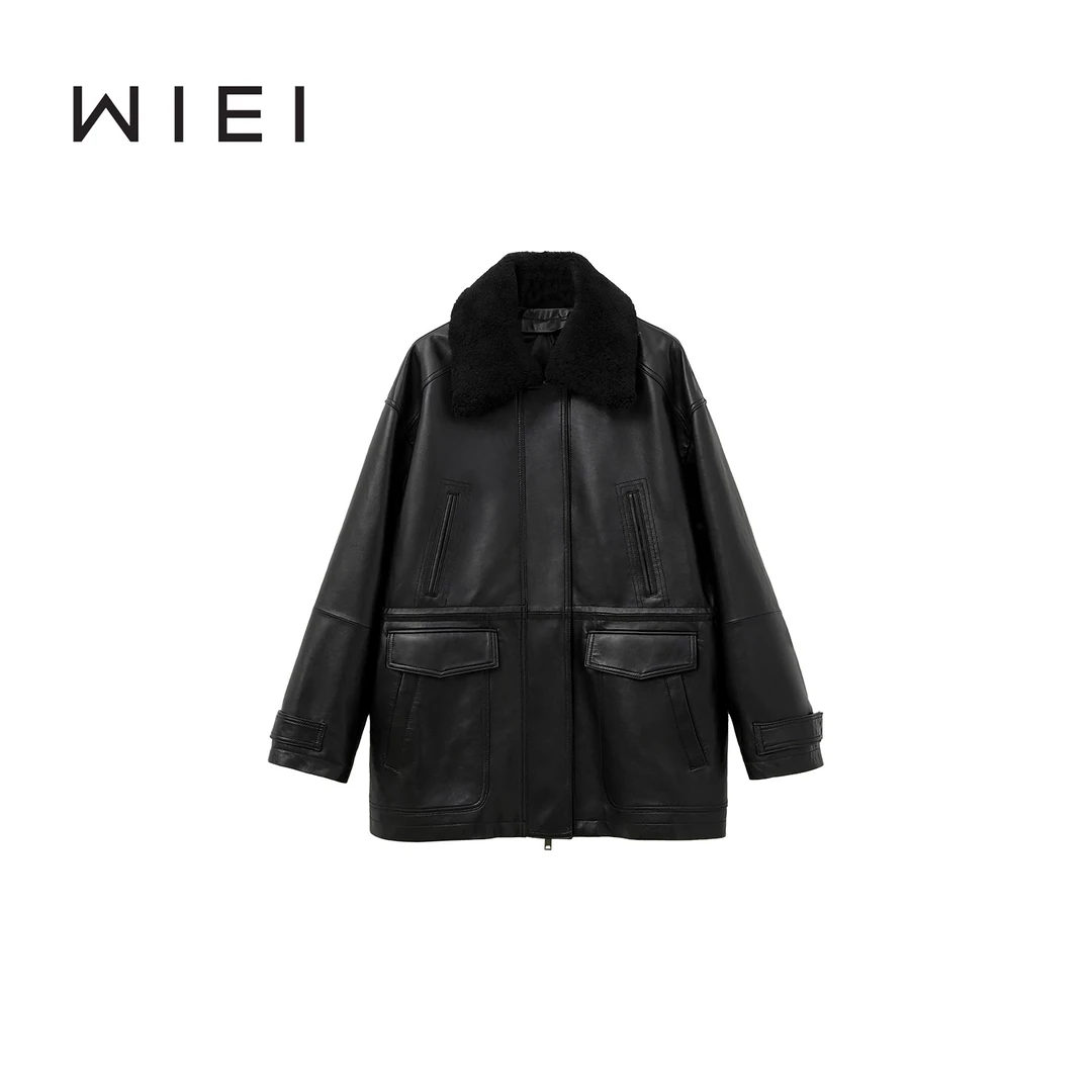 《WI EI》黑胶皮衣*90白鹅绒羊皮可拆卸毛领/内胆羽绒皮衣W26110010