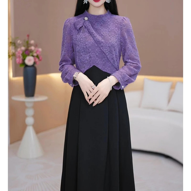 【宠粉定制】A167黑拼紫色连衣裙优雅气质时尚收腰显瘦秋季设计感