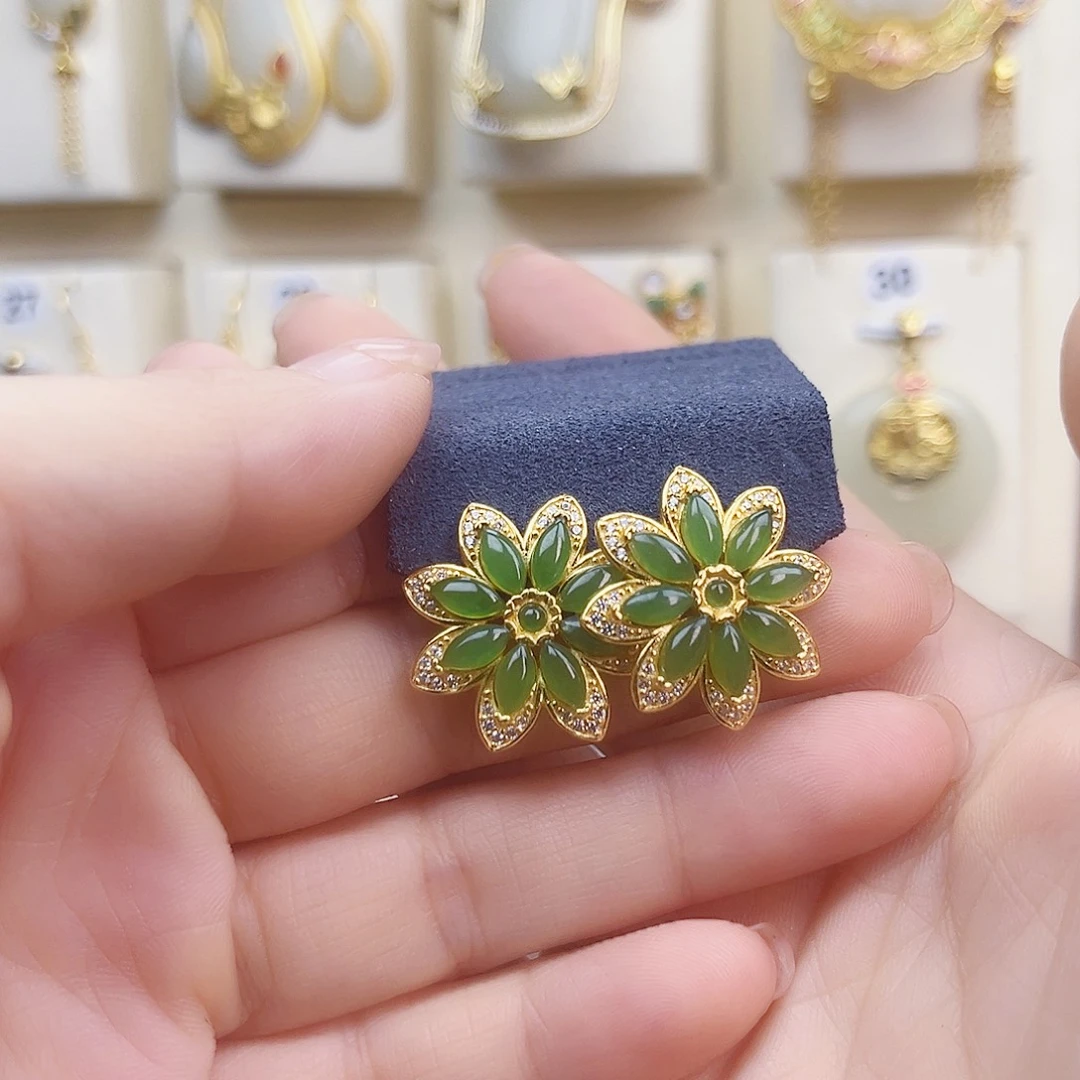 和田玉银S925镀金镶嵌耳饰