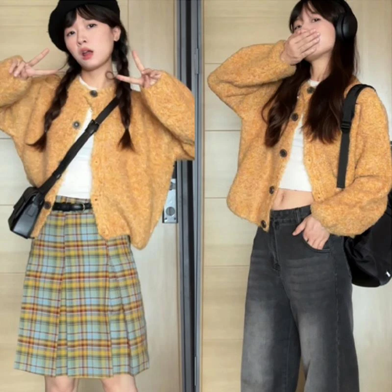 VOCKOO官方日系慵懒风复古橘黄色毛衣针织开衫2025早春季新款小个