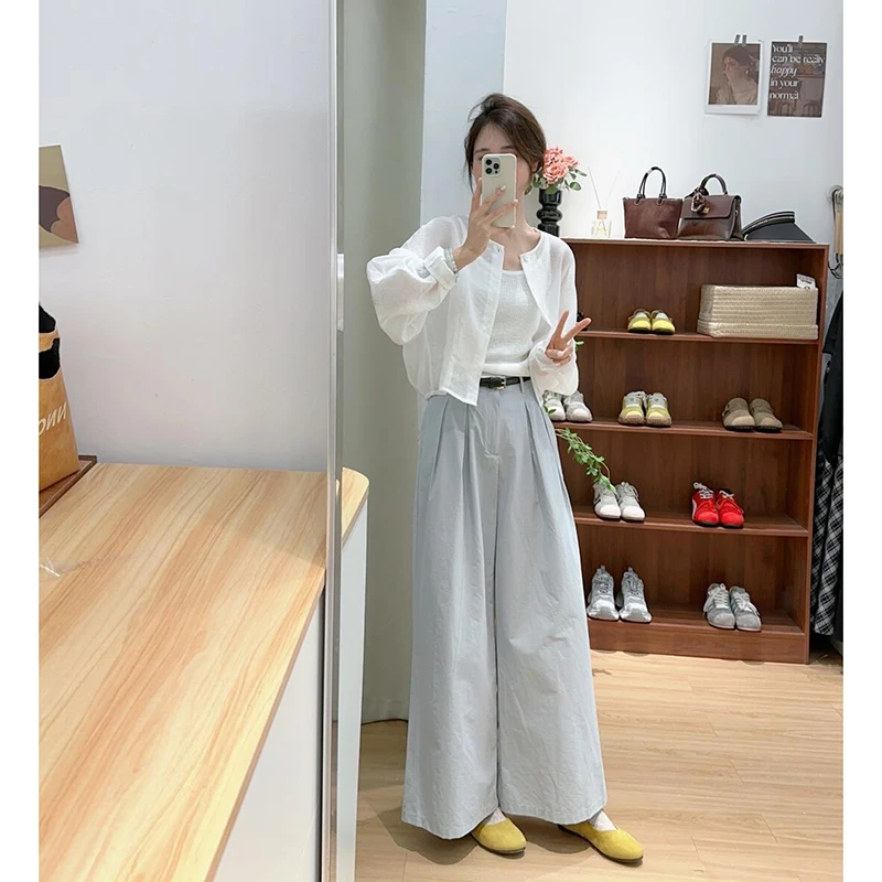 【赛木里湖】韩系时尚休闲气质白色短款外套高腰休闲蓝色长裤两件套