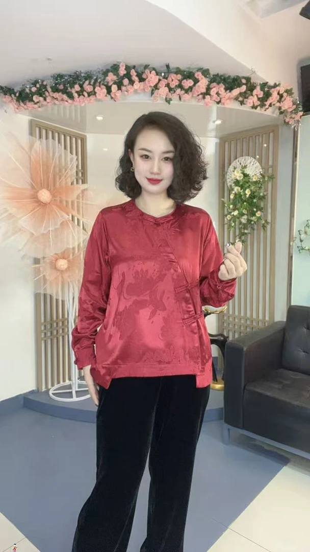 新中式国风高级感偏襟宽松遮肉盘扣复古提花圆领长袖S衬衫6865