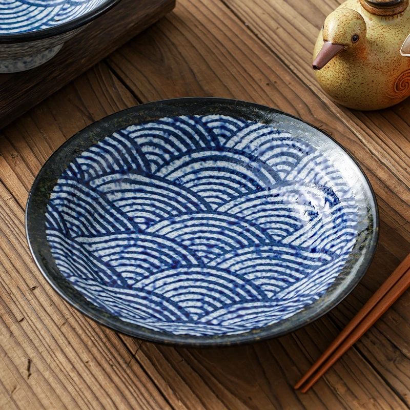 【2只】日本进口青海波23cm大深盘家用大盘日式餐具釉下彩陶瓷和风