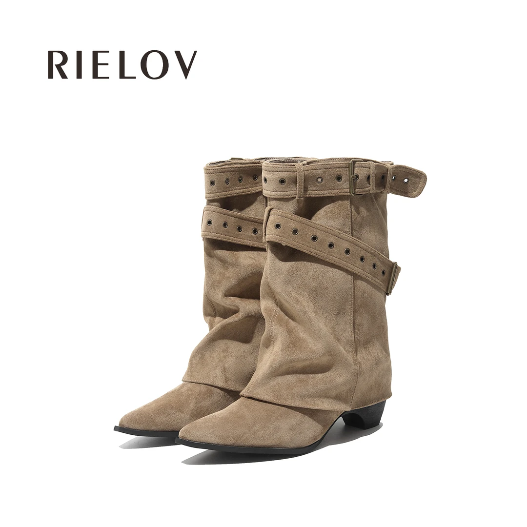 RIELOV【文文●漫步梧桐】增高4.5-7.5cm磨砂皮秋冬新款中筒靴677-1