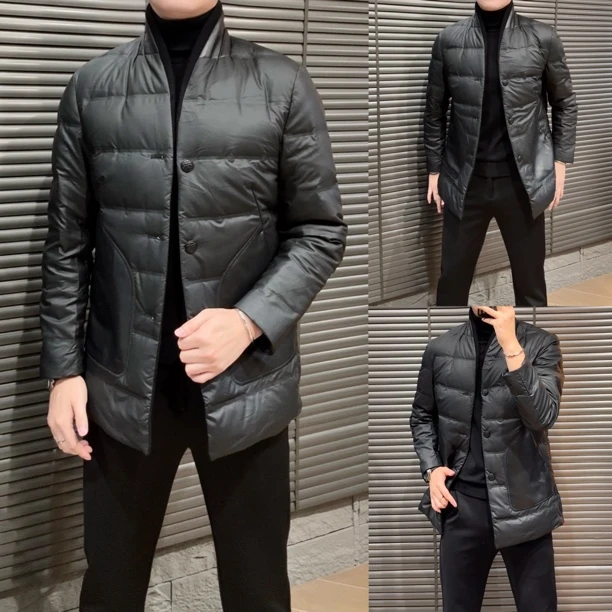 小雨男装｜英皇·古琦·拼接羊皮立领PU皮羽绒大衣外套82311