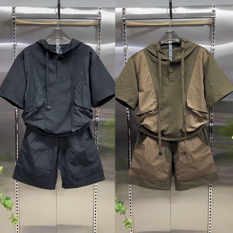 夏季速干薄款百搭连帽休闲套装情侣款个性拼接工装短袖短裤两件套