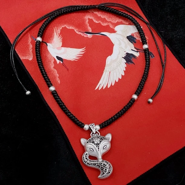 吊坠足银 999.9纯银花丝狐狸大号毛衣链吊坠通体足银做旧长毛衣链