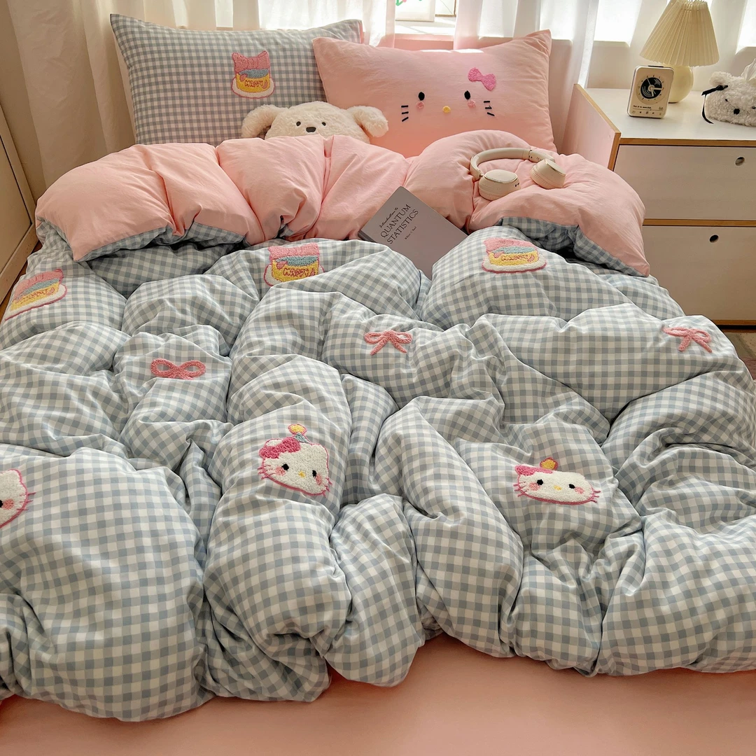 A类-ins超柔水洗棉四件套可爱KT猫卡通少女心学生宿舍单人三件套