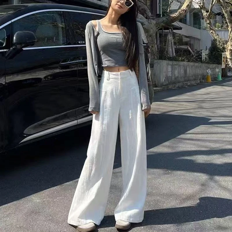 白色亚麻阔腿裤女夏季薄款高腰垂感老钱风西装直筒长裤宽松休闲裤