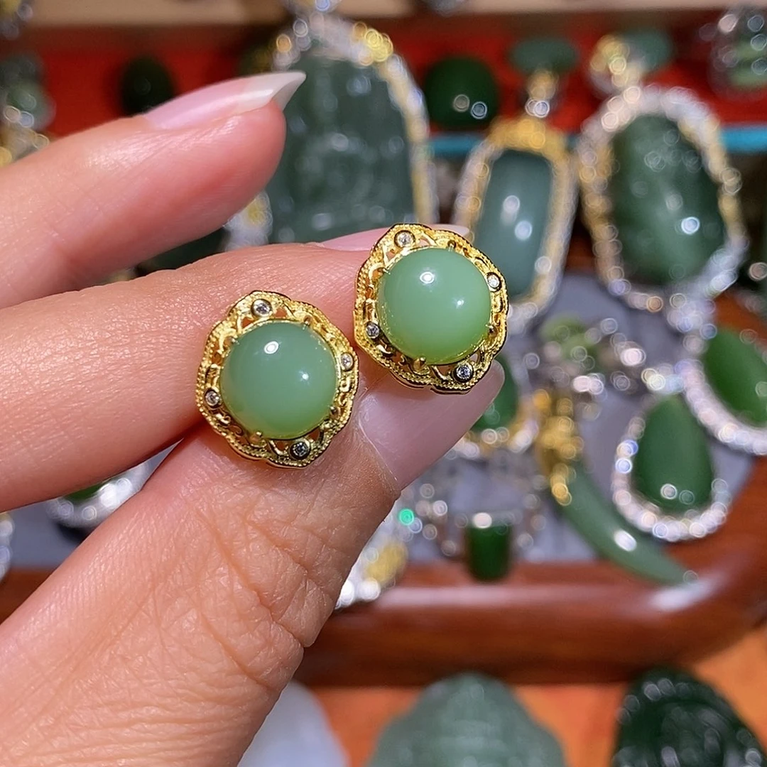 和田玉（碧玉）银S925镶嵌耳饰