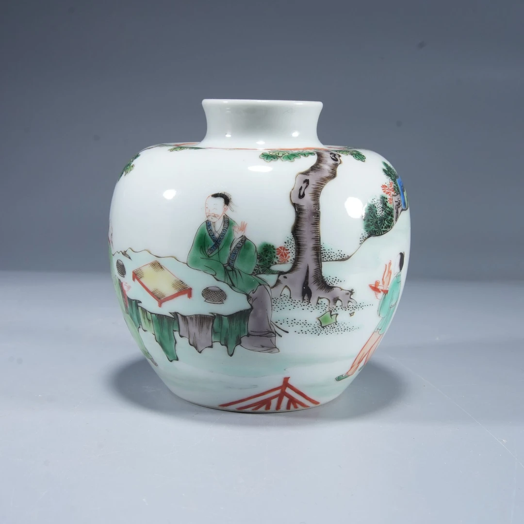 h551/清康熙 五彩对弈图苹果尊【华豫之门甄选】
