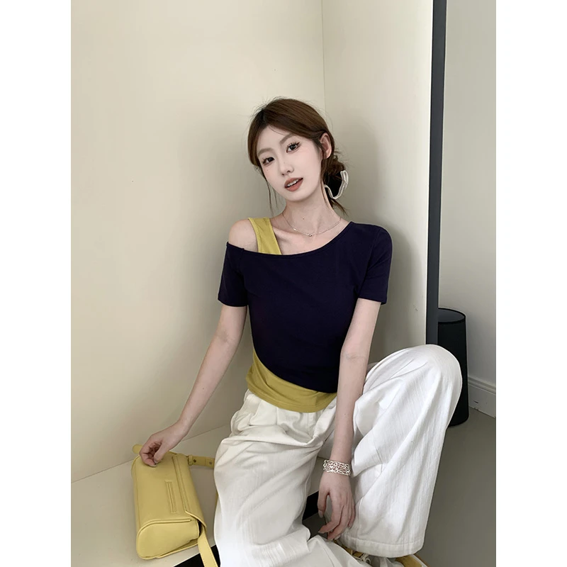 韩系纯欲风拼接假两件露肩短袖t恤女夏季设计感别致修身斜肩上衣