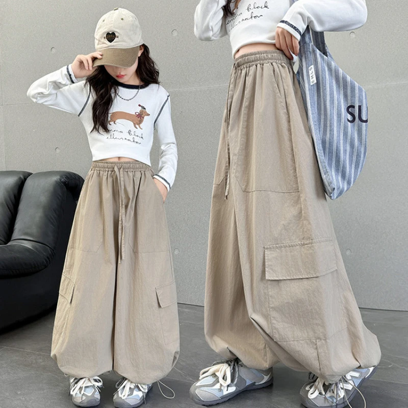 女童卡其色工装裤春秋款2025新款儿童宽松休闲女大童束脚裤子秋季